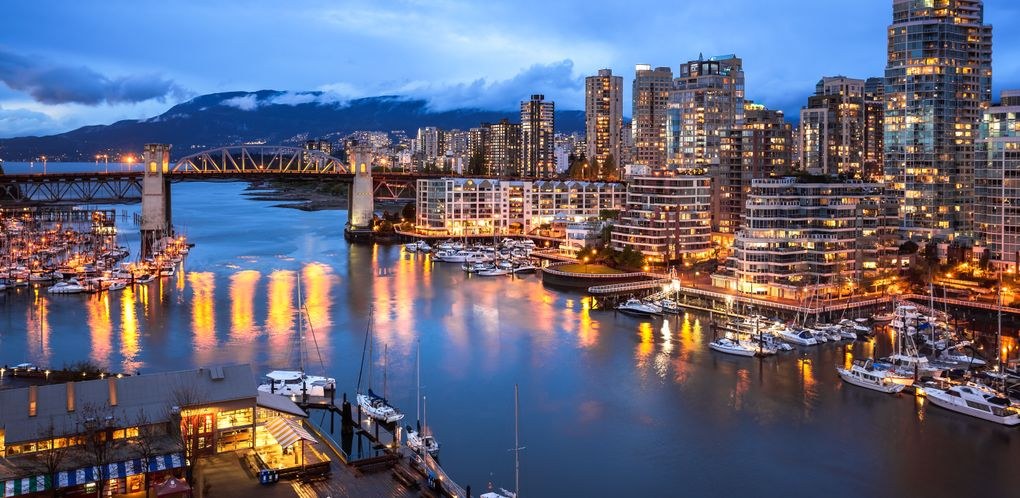 Vancouver's harbour and skyline at dusk